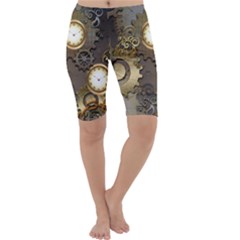 Steampunk, Golden Design With Clocks And Gears Cropped Leggings by FantasyWorld7