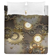 Steampunk, Golden Design With Clocks And Gears Duvet Cover (full/queen Size) by FantasyWorld7