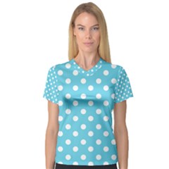 Sky Blue Polka Dots Women s V-neck Sport Mesh Tee