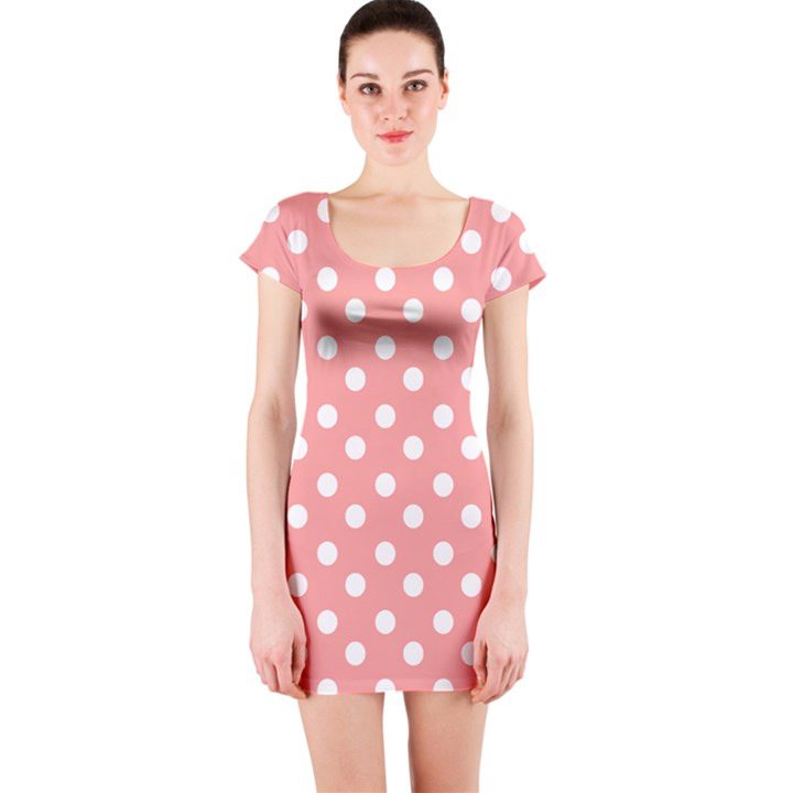 Coral And White Polka Dots Short Sleeve Bodycon Dresses