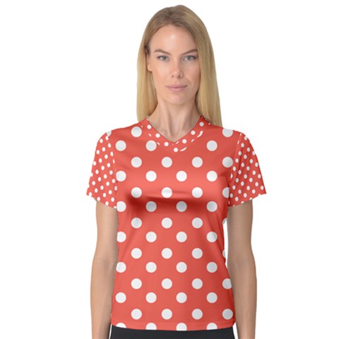 Indian Red Polka Dots Women s V-neck Sport Mesh Tee by GardenOfOphir