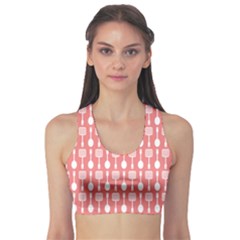 Coral And White Kitchen Utensils Pattern Sports Bra by GardenOfOphir