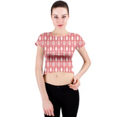 Coral And White Kitchen Utensils Pattern Crew Neck Crop Top by GardenOfOphir