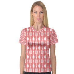 Coral And White Kitchen Utensils Pattern Women s V-neck Sport Mesh Tee