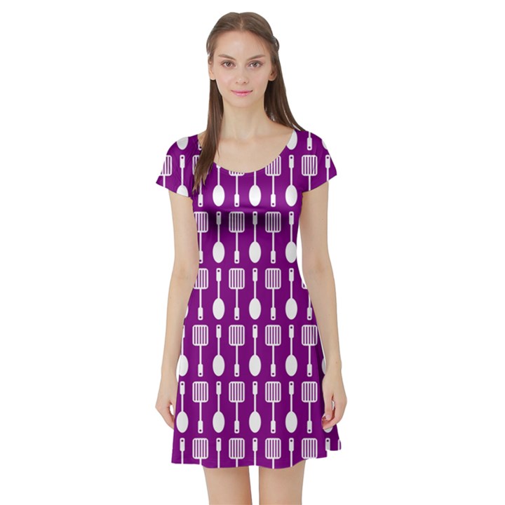 Magenta Spatula Spoon Pattern Short Sleeve Skater Dresses