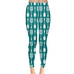 Teal And White Spatula Spoon Pattern Women s Leggings by GardenOfOphir