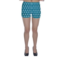 Teal And White Spatula Spoon Pattern Skinny Shorts