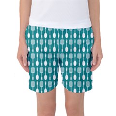 Teal And White Spatula Spoon Pattern Women s Basketball Shorts