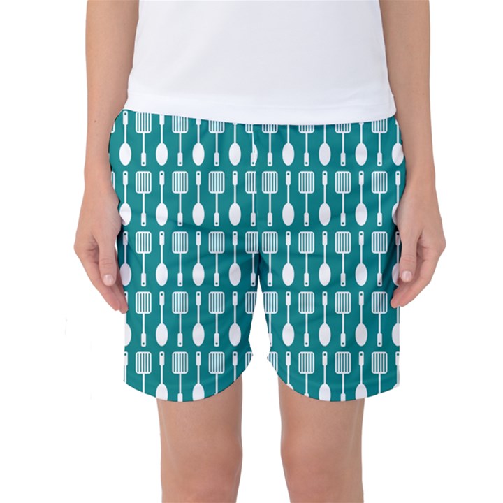 Teal And White Spatula Spoon Pattern Women s Basketball Shorts