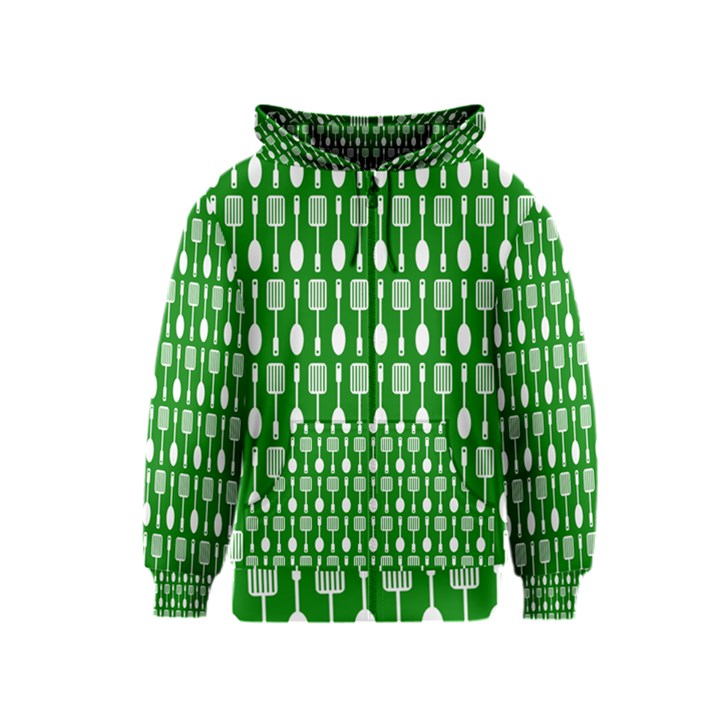 Green And White Kitchen Utensils Pattern Kids Zipper Hoodies