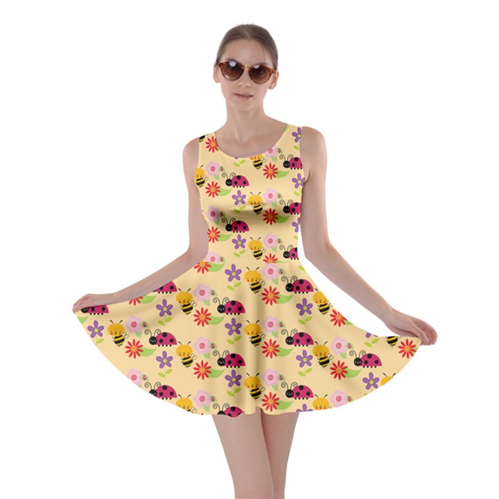 Colorful Ladybug Bess And Flowers Pattern Skater Dresses