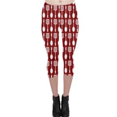 Red And White Kitchen Utensils Pattern Capri Leggings by GardenOfOphir