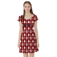 Red And White Kitchen Utensils Pattern Short Sleeve Skater Dresses by GardenOfOphir