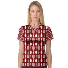 Red And White Kitchen Utensils Pattern Women s V-neck Sport Mesh Tee