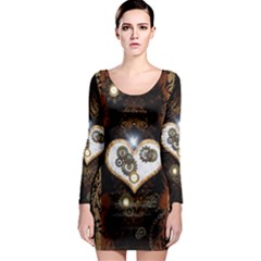 Steampunk, Awesome Heart With Clocks And Gears Long Sleeve Bodycon Dresses