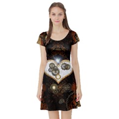 Steampunk, Awesome Heart With Clocks And Gears Short Sleeve Skater Dresses by FantasyWorld7