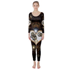 Steampunk, Awesome Heart With Clocks And Gears Long Sleeve Catsuit