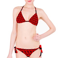 Charcoal And Red Peony Flower Pattern Bikini Set