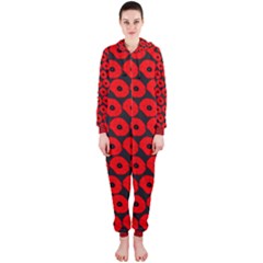 Charcoal And Red Peony Flower Pattern Hooded Jumpsuit (ladies)  by GardenOfOphir