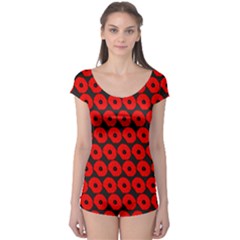 Charcoal And Red Peony Flower Pattern Short Sleeve Leotard by GardenOfOphir