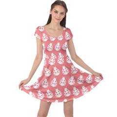 Coral And White Lady Bug Pattern Cap Sleeve Dresses