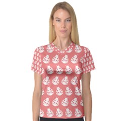 Coral And White Lady Bug Pattern Women s V-neck Sport Mesh Tee