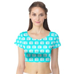 Modern Chic Vector Camera Illustration Pattern Short Sleeve Crop Top by GardenOfOphir