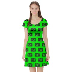 Modern Chic Vector Camera Illustration Pattern Short Sleeve Skater Dresses by GardenOfOphir