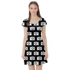 Modern Chic Vector Camera Illustration Pattern Short Sleeve Skater Dresses by GardenOfOphir