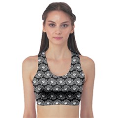 Black And White Gerbera Daisy Vector Tile Pattern Sports Bra by GardenOfOphir