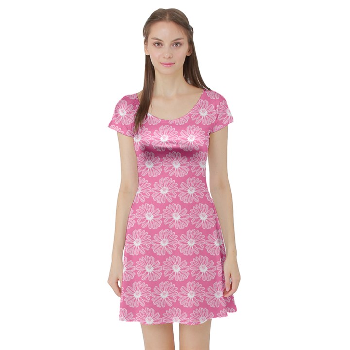 Pink Gerbera Daisy Vector Tile Pattern Short Sleeve Skater Dresses