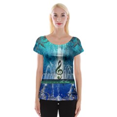 Clef With Water Splash And Floral Elements Women s Cap Sleeve Top