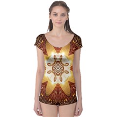 Elegant, Decorative Kaleidoskop In Gold And Red Short Sleeve Leotard