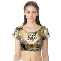 Clef With  And Floral Elements Short Sleeve Crop Top