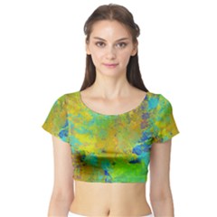 Abstract In Blue, Green, Copper, And Gold Short Sleeve Crop Top by digitaldivadesigns