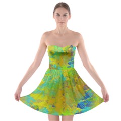 Abstract In Blue, Green, Copper, And Gold Strapless Bra Top Dress