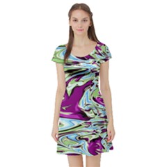 Purple, Green, And Blue Abstract Short Sleeve Skater Dresses