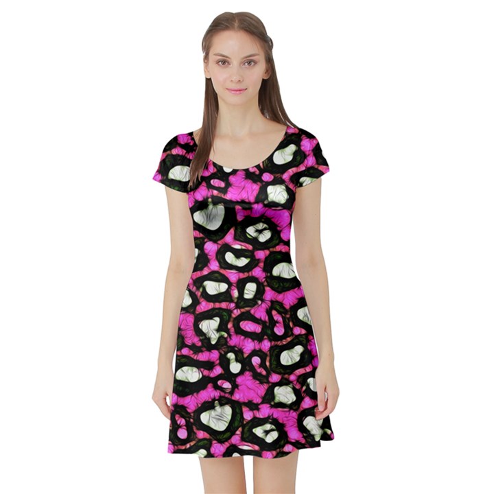 Pink Cheetah Abstract  Short Sleeve Skater Dresses