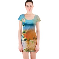 Wonderful Flowers In Colorful And Glowing Lines Short Sleeve Bodycon Dresses