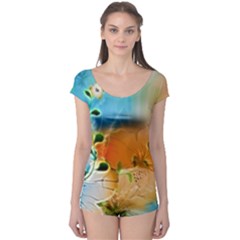 Wonderful Flowers In Colorful And Glowing Lines Short Sleeve Leotard