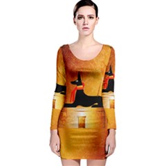 Anubis, Ancient Egyptian God Of The Dead Rituals  Long Sleeve Bodycon Dresses by FantasyWorld7