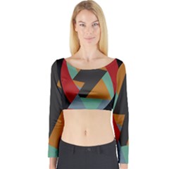 Fractal Design In Red, Soft-turquoise, Camel On Black Long Sleeve Crop Top