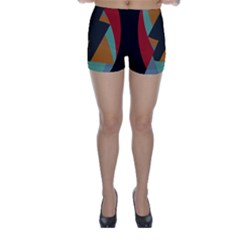 Fractal Design In Red, Soft-turquoise, Camel On Black Skinny Shorts