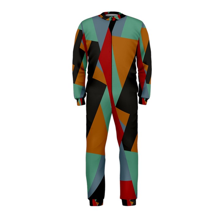 Fractal Design in Red, Soft-Turquoise, Camel on Black OnePiece Jumpsuit (Kids)