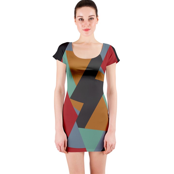 Fractal Design in Red, Soft-Turquoise, Camel on Black Short Sleeve Bodycon Dresses