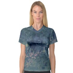 Vintage Floral In Blue Colors Women s V-neck Sport Mesh Tee