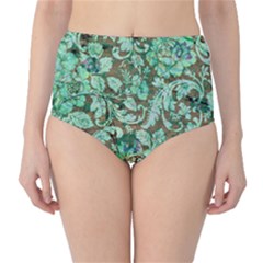 Beautiful Floral Pattern In Green High-waist Bikini Bottoms