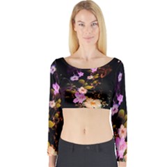 Awesome Flowers With Fire And Flame Long Sleeve Crop Top