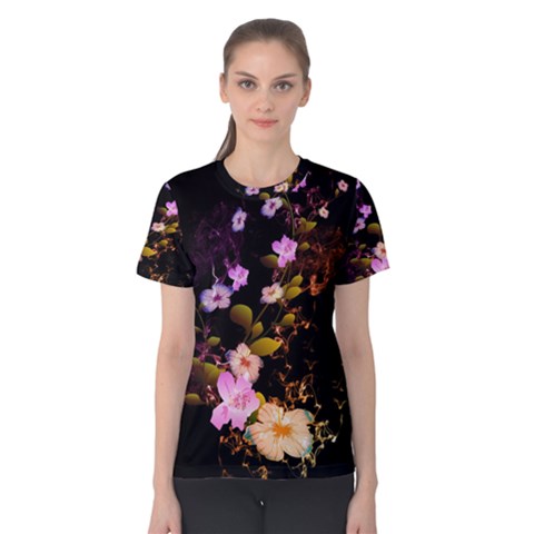 Awesome Flowers With Fire And Flame Women s Cotton Tees by FantasyWorld7