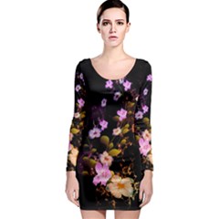 Awesome Flowers With Fire And Flame Long Sleeve Bodycon Dresses